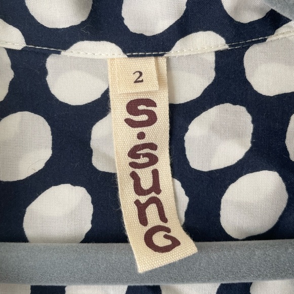 Samantha Sung Blu/wht polkadot 50/50 silk/cotton 3/4sleeve button up, pockets! - Picture 2 of 6